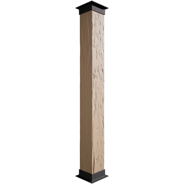 Ekena Millwork Hand Hewn Endurathane Faux Wood Non-Tapered Square Column Wrap w/Faux Iron Capital & Base, 6"W x 9'H COLUHH06X108IRUF - main